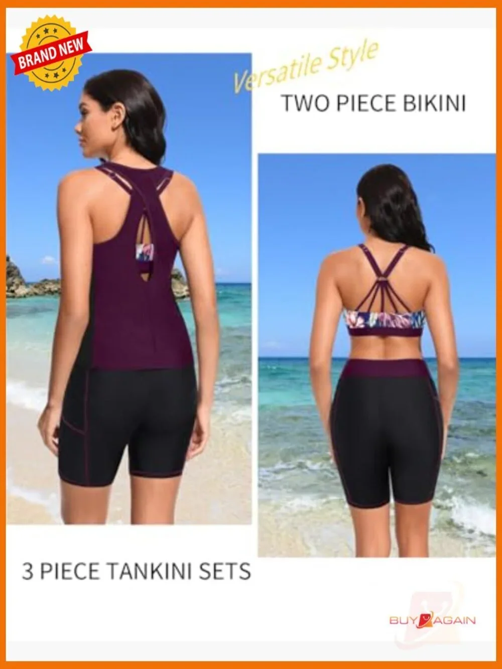 3 Piece Tankini Set with Tummy Control & High Waist Shorts